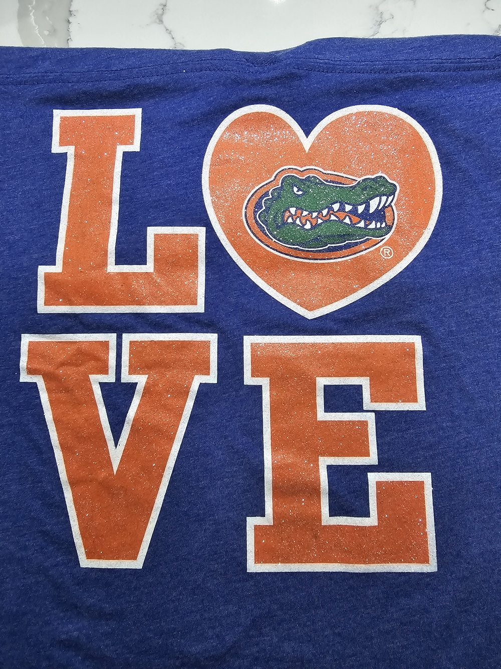 Campus Heritage Blue V-Neck 'LOVE' Gator Tee with Sparkling Orange Letters